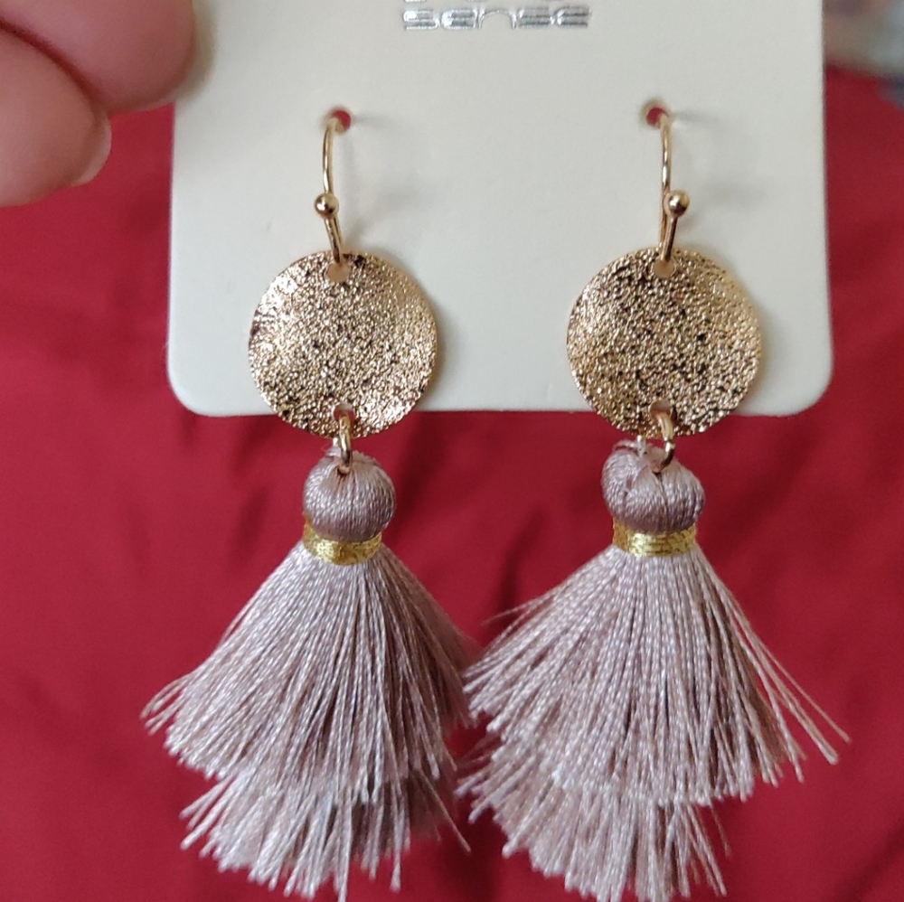 Taupe Disc and Tassel Drop Earrings